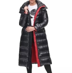 Women's Black and Red Long Puffer Coat